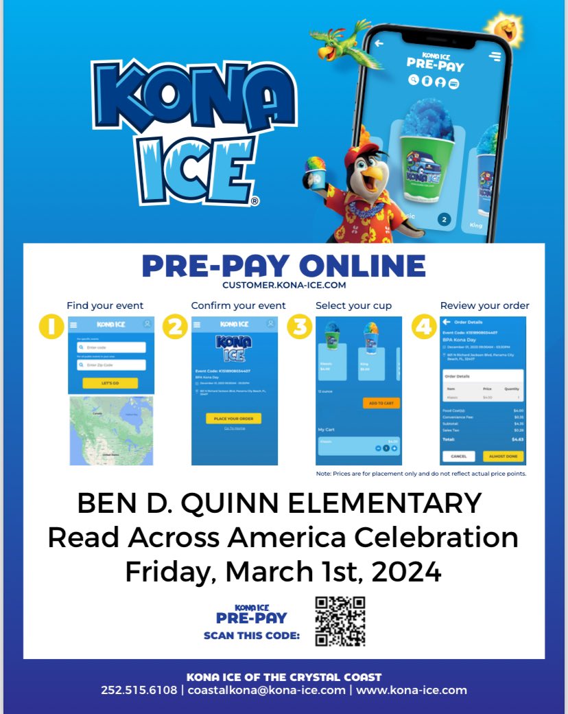 Read Across America Week begins NEXT WEEK! 📚

Book Fair 📖  E-wallet can be set up here. bookfairs.scholastic.com/bf/bendquinnel…

Dress-up days everyday!

Leap Into Literacy Curriculum Night 📖 Feb. 28th

Kona Ice Day 🍧 - Fri. March 1st. Pre-Pay here: customer.kona-ice.com/#/K1292642542