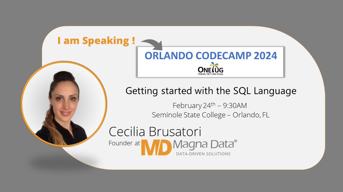 CeBrusa's tweet image. Tomorrow #OrlandoCodeCamp not to be missed!! Best #SoftwareDevelopment Conference in #Florida by @ONETUG ! Join me to learn #SQL Language. Come say Hi and Enjoy the great event!
Registration: orlandocodecamp.com
#OrlandoCC #DataDriven #DataAnalytics #BusinessIntelligence