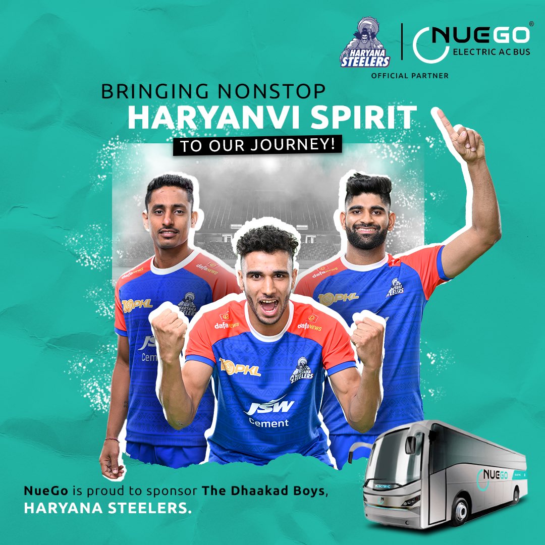 We are excited to announce our partnership with #HaryanaSteelers for #PKLSeason10. Let's bring together the power of Nuego electric buses with the #NonStopHaryanvi spirit of the #DhaakadBoys on and off the field!

Download the NueGo app, and book your tickets now! 

#nuego