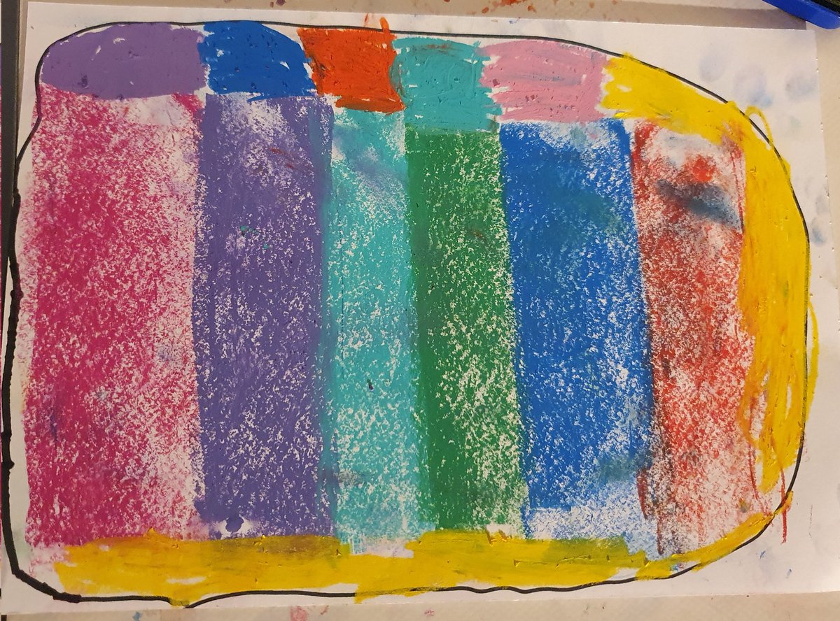 I showed the ch how pastels could be used sideways. N created this...'it's a treasure map! The red is lava, the light blue is shallow water, the dark blue is deep water...where monsters live. The little coloured bits don't mean anything!' @Foundation_MWP