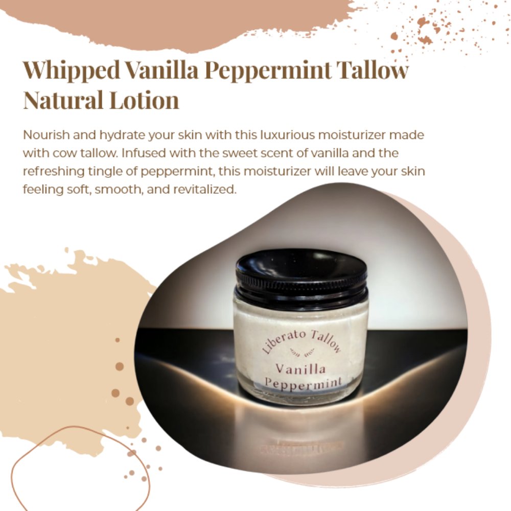 Keep your skin soft and hydrated this season with our luxurious 

Whipped Vanilla Peppermint Tallow Lotion.   Embrace the power of natural ingredients!   

Shop now - liberatotallow.store/products/whipp…   🌿💧 

#SkincareRoutine #WinterEssentials #TallowLotion #Hydration