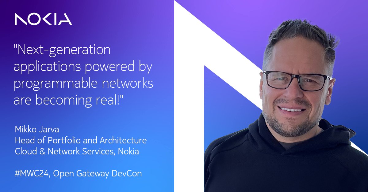 nokianetworks's tweet image. Gain insights into programmable network use cases for industries, enterprises, and consumers.
Join Mikko Jarva's panel discussion at #MWC24, Open Gateway DevCon.
Know more: nokia.ly/3SScjPu
#NetworkasCode #NetworkAPI #5GMonetization