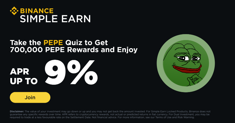 binance's tweet photo. #Binance Simple Earn launches a new $PEPE promotion!

Complete a quiz to earn 700,000 #PEPE in rewards and up to 9% bonus tiered APR 🤝

Get involved ⤵️