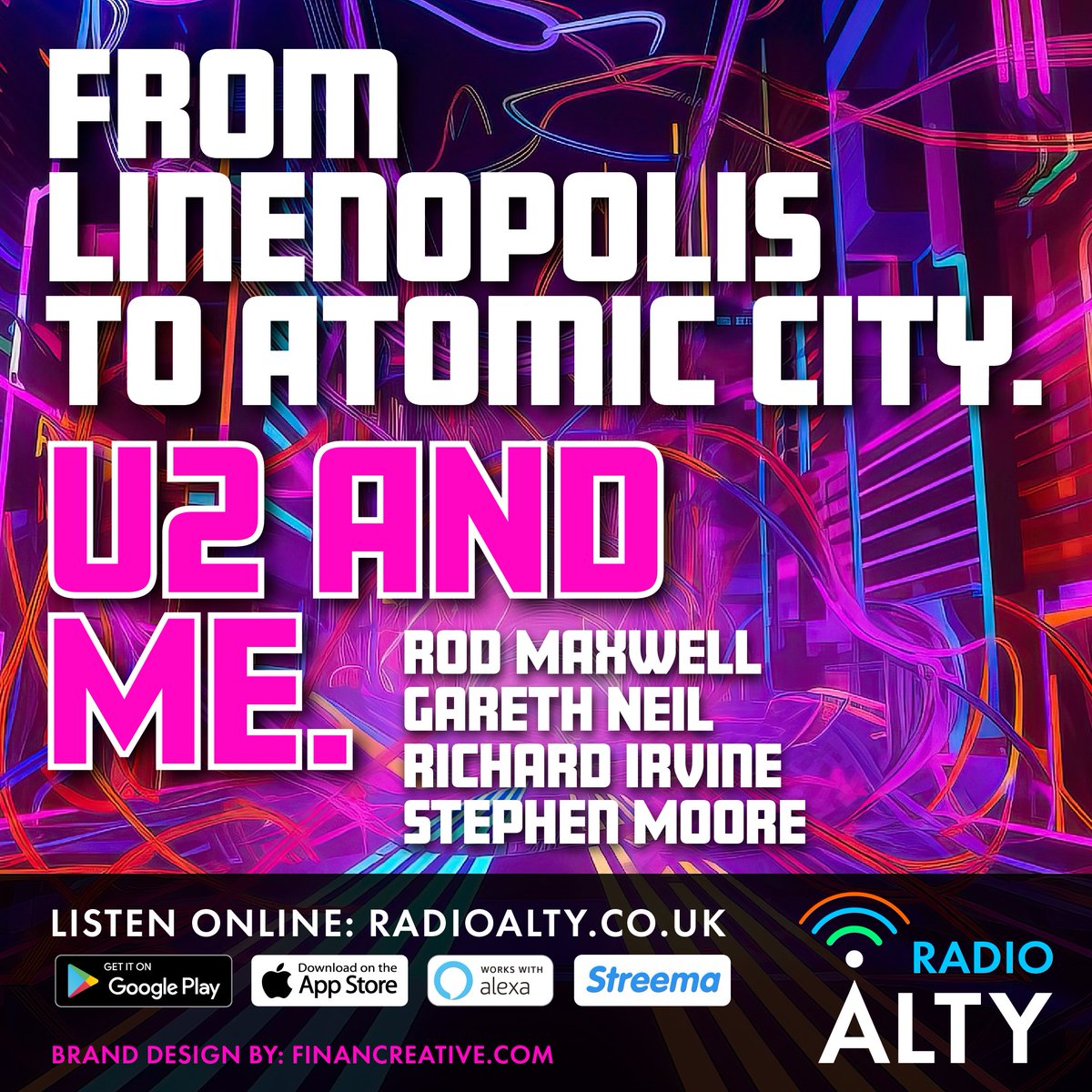 Today from 2pm - Live on RadioAlty.co.uk - online - apps - #Alexa. Supported by The Owners' Club. With thanks to FinanCreative.com for brand design. #U2 #Belfast #KingsHall #Sphere #JoshuaTree
