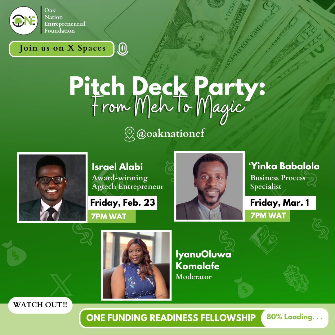 oaknationef's tweet photo. Pitch Deck Party: From Meh to Magic ✨
Turn your pitch deck into a fundraising fiesta! Get expert tips.
#PitchPerfect #FundraisingFiesta #InvestorFeedback
Set your reminders here:
https://t.co/FjF1sCFxIm

@theisraelalabi @YinkaBabalola @toyin_ajilore @OladetounGee https://t.co/teS0KcElA2