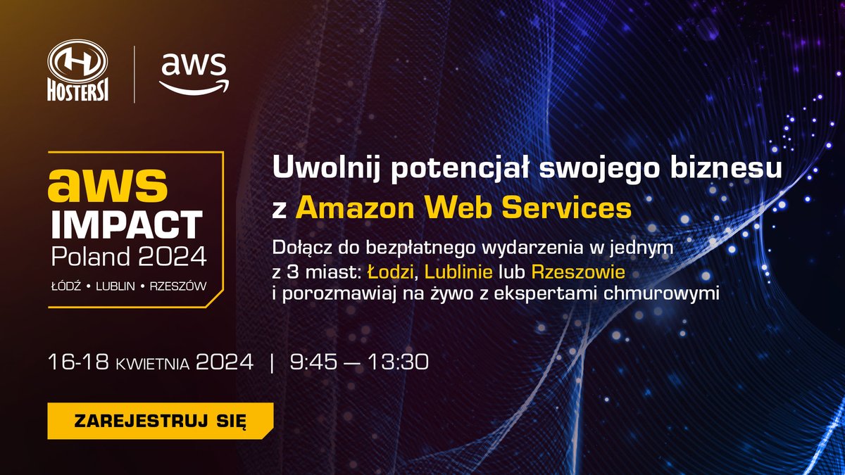 Zarezerwuj darmowe miejsce na #AWS Impact Poland '24, które odbędzie się w: 
🔸 #Łódź (16 kwietnia) 
🔸 #Lublin (17 kwietnia) 
🔸 #Rzeszów (18 kwietnia)

Odkryj z nami moc chmury: awsimpactpoland.hostersi.pl

#chmura #cloud #AmazonWebServices