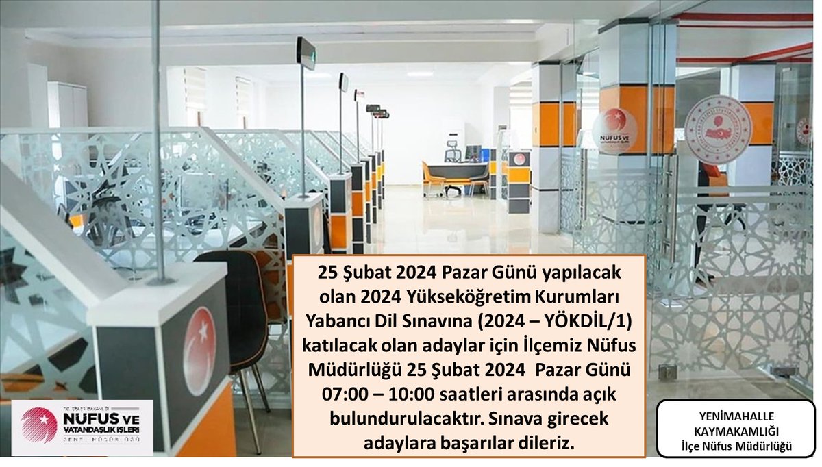 ✍️25.02.2024 tarihinde yapılacak olan Yükseköğretim Kurumları Yabancı Dil Sınavına (2024-YÖKDİL/1) katılacak adaylar için; 
📷25 Şubat Pazar 07:00-10:00 arasında Müdürlüğümüz açık bulundurulacaktır.
<a href="/itasyapan/">İbrahim Taşyapan</a>
<a href="/T_Kurtbeyoglu/">TahsinKURTBEYOĞLU</a>
<a href="/MustafaGungorlu/">Mustafa GÜNGÖRLÜ</a>
<a href="/ylmzckmk_/">Yılmaz ÇAKMAK</a>
<a href="/TCNufus/">Nüfus ve Vatandaşlık İşleri Genel Müdürlüğü</a>
<a href="/ankara_il/">Ankara İl Nüfus ve Vatandaşlık Müdürlüğü</a>