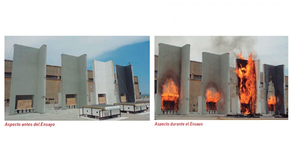 Propagación del fuego en diferentes fachadas.

1: SATE de poliestireno expandido.
2: SATE de lana de roca.
3: Fachada ventilada con poliuretano y acabado fenólico. (La del incendio de Valencia)
4: Fachada ventilada con lana de roca y acabado panel de lana de roca