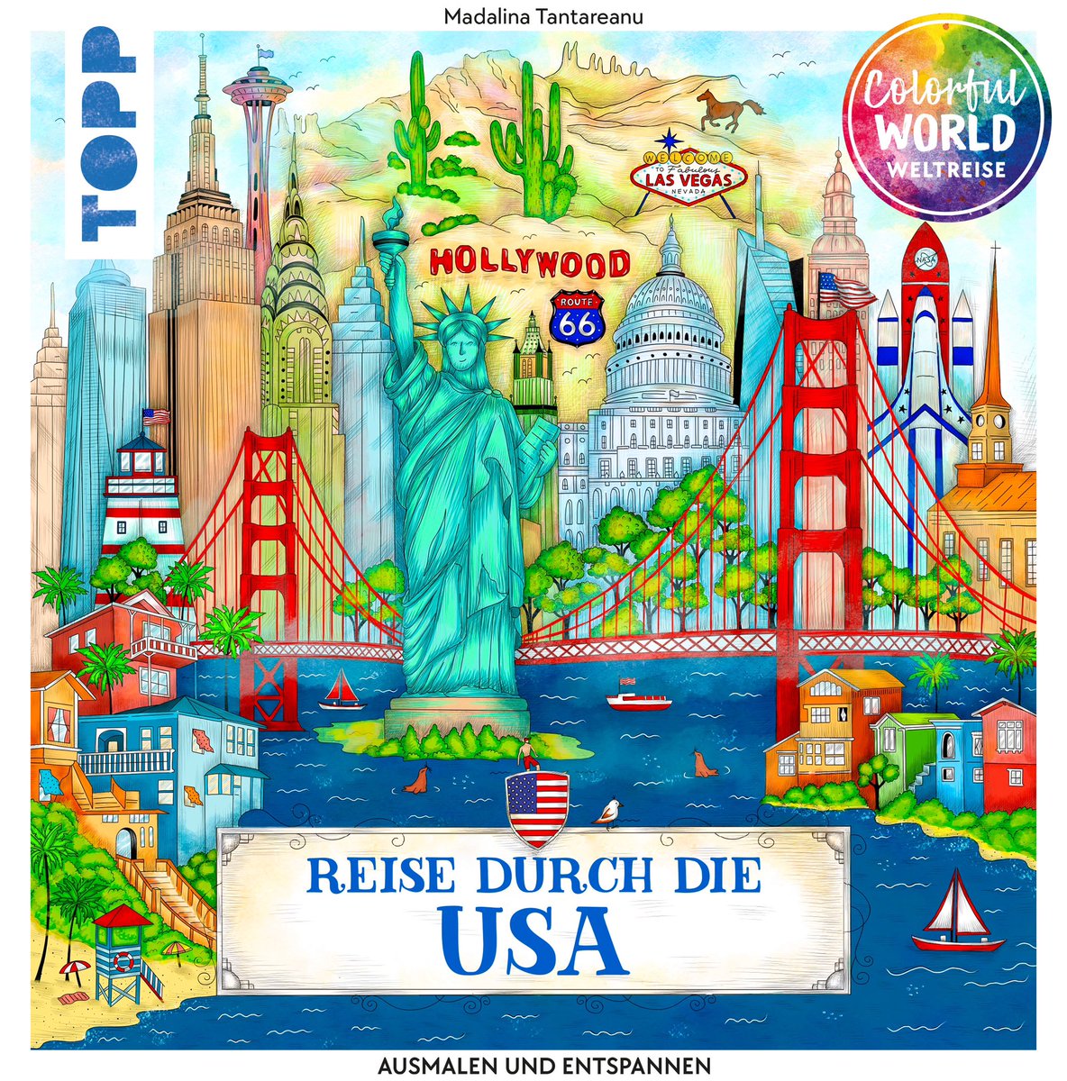 Excited to show you the cover of my 3rd coloring book “Travel through USA”. 🇺🇸❤️ 
The book will be out in bookstores in June. 💙 
I loved the US and I miss it, would definitely love to visit again. Until then, I’ll keep drawing some beautiful places like Vermont or Montana. ⛰️