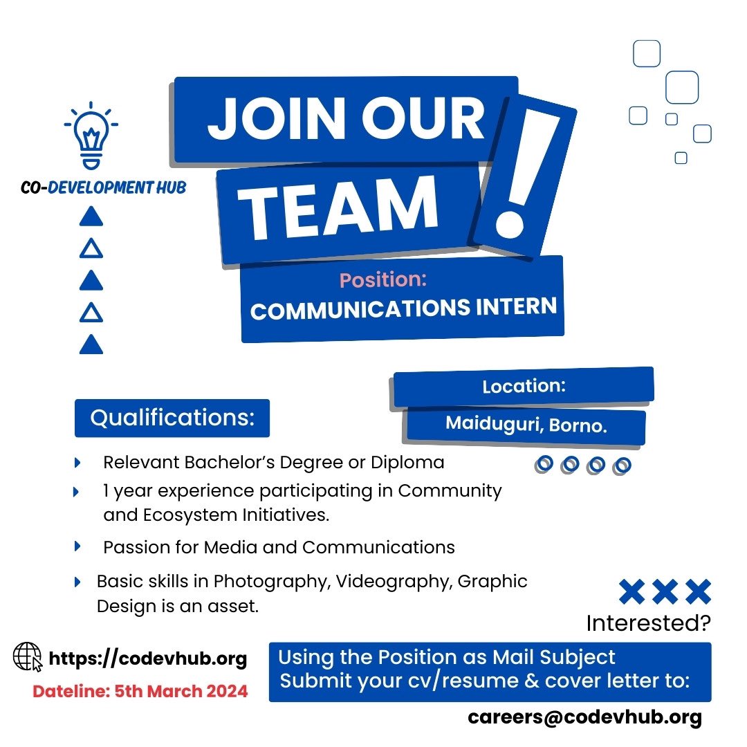 Co-Development Hub (@codevhub1) on Twitter photo Join Our Team! 
We are looking for dynamic individuals to fill up to 3 vacant positions at the Co-Dev Hub. Check to see requirements for each position. 
Apply on or before 5th March 2024 to be part of a creative team that drives innovation and change. 
#CareersatCodev Join Our Team! 
We are looking for dynamic individuals to fill up to 3 vacant positions at the Co-Dev Hub. Check to see requirements for each position. 
Apply on or before 5th March 2024 to be part of a creative team that drives innovation and change. 
#CareersatCodev