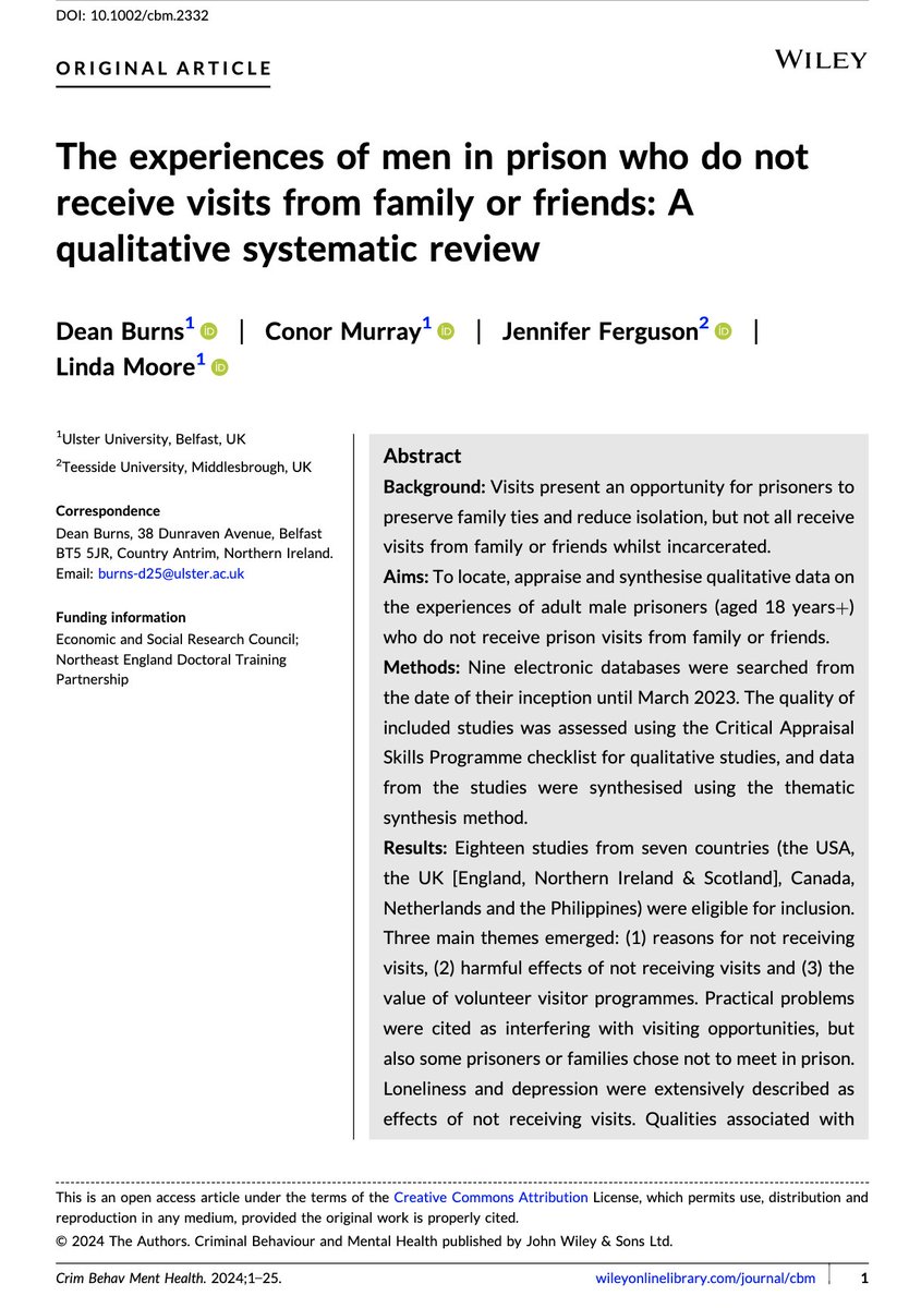 Very proud PhD Supervisor today, @Dean_Burns10 first publication out🔓in J. of Criminal Behaviour and Mental Health w/ @mooreL13 @DrJFerg. The experiences of men in prison who do not receive visits from family or friends: A qualitative systematic review: onlinelibrary.wiley.com/doi/full/10.10…