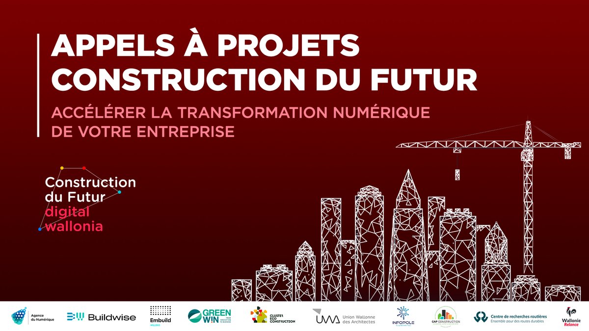 Dans le cadre du programme #ConstructionDuFutur de #DigitalWallonia, 2 appels à projets sont lancés dans le but d’aider les entreprises du secteur de la construction à adopter les technologies numériques.

Appel n°1➡️ digitalwallonia.be/fr/publication…

Appel n°2➡️ digitalwallonia.be/fr/publication…