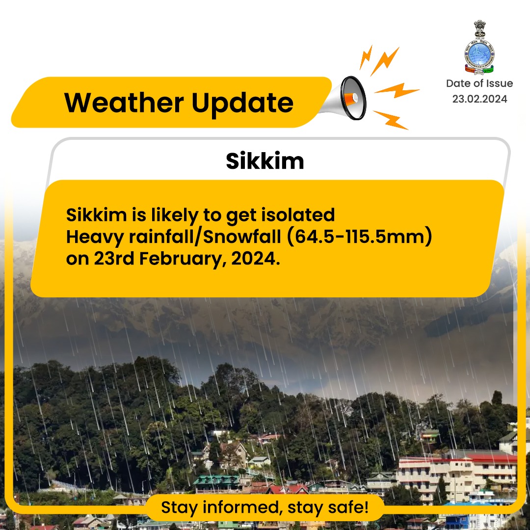 Indiametdept's tweet photo. Sikkim is likely to get isolated Heavy rainfall/Snowfall (64.5-115.5mm) on 23rd February, 2024.
#Sikkimweather #Weatherupdate #HeavyRain
@moesgoi @DDNewslive @ndmaindia
@airnewsalerts https://t.co/KCIsX5Ak1u