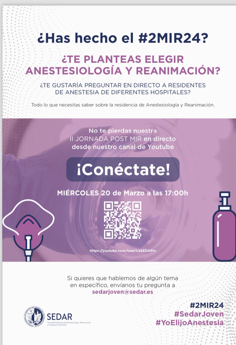 🔥Ya están aquí las III Jornadas PostMIR #SedarJoven

➡️ ¿Tienes dudas sobre la especialidad de Anestesia?
Envíanoslas a: sedarjoven@sedar.es

🙌 Los residentes las resolvemos en directo

🔜 No te lo pierdas, serán el 20 de Marzo