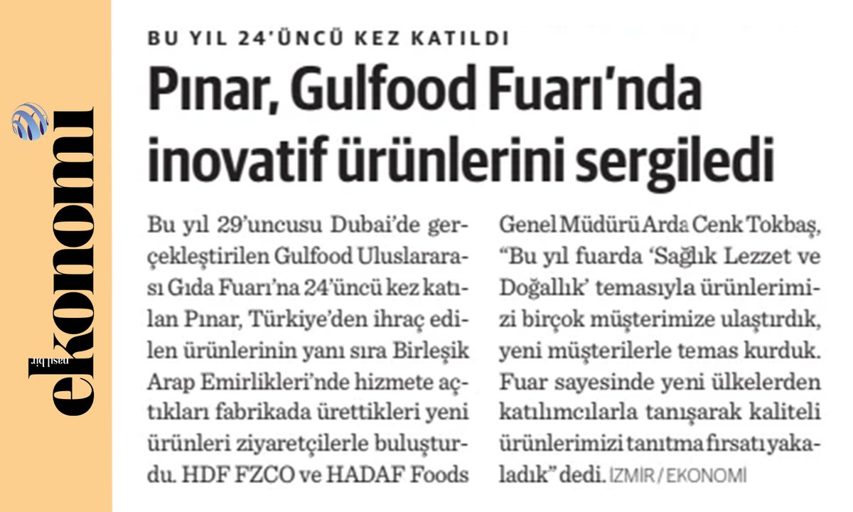 Pınar, Gulfood Fuarı'nda inovatif ürünlerini sergiledi

@actokbas
@pinarsut1
@yasarholdingtr

#hdffzco #hadaffoods #süt #sütürünleri #arge #inovatifürün #katmadeğerliürün #ihracat #fuarkatılımı #tanıtım #markalaşma #küreselleşme