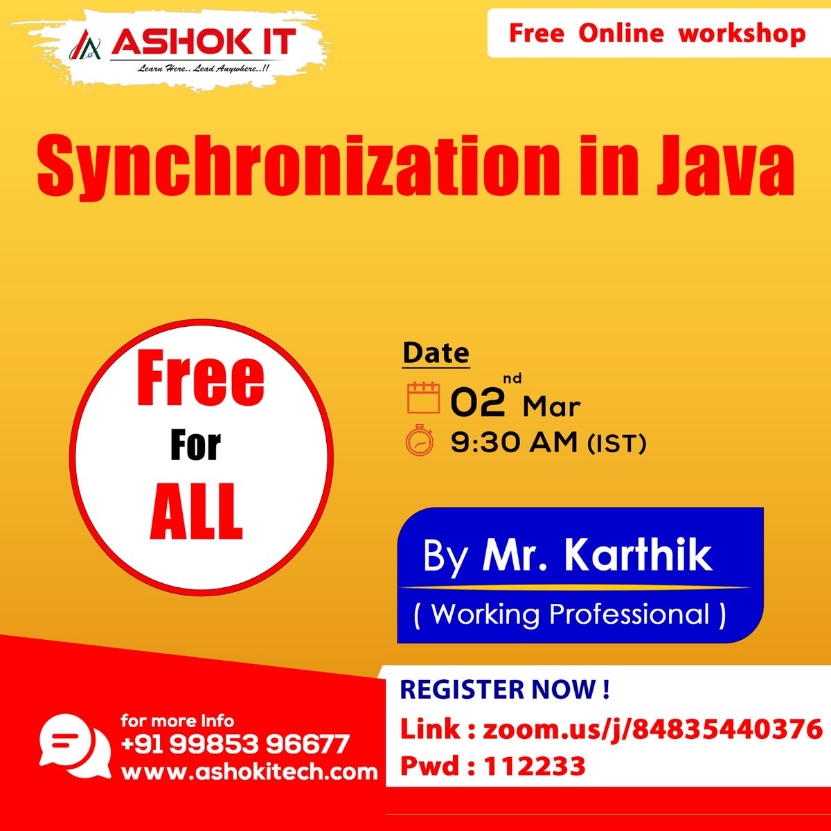 ashokitschool's tweet image. 🛑 [WORKSHOP] Synchronization in Java 🛑

✍️ Enroll Now : bit.ly/3OmpzLv

👉 Free Workshop On 02nd-March @ 09:30 AM IST

👉 Follow Our WhatsApp Channel : bit.ly/4565QED

#javafullstackdevelopercourse #java #javafullstacdevelopmentcourse #coding #programming