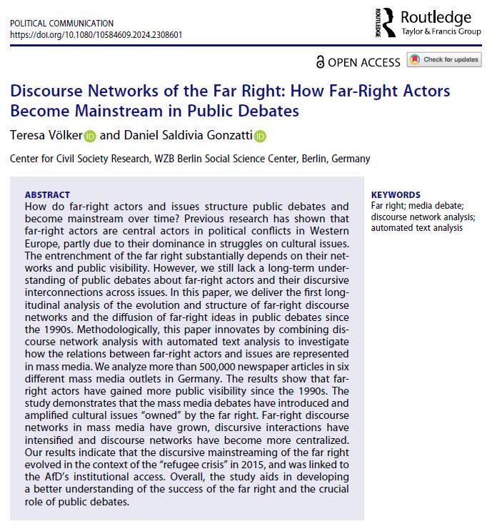 🚨PUBLICATION ALERT! How do far-right actors and issues become mainstream over time? Very excited that our article @dasalgon @TeVoelker @WZB_Berlin is now out in @polcommjournal #openaccess @poliscires #academictwitter 🔓 doi.org/10.1080/105846… 🧵1/8