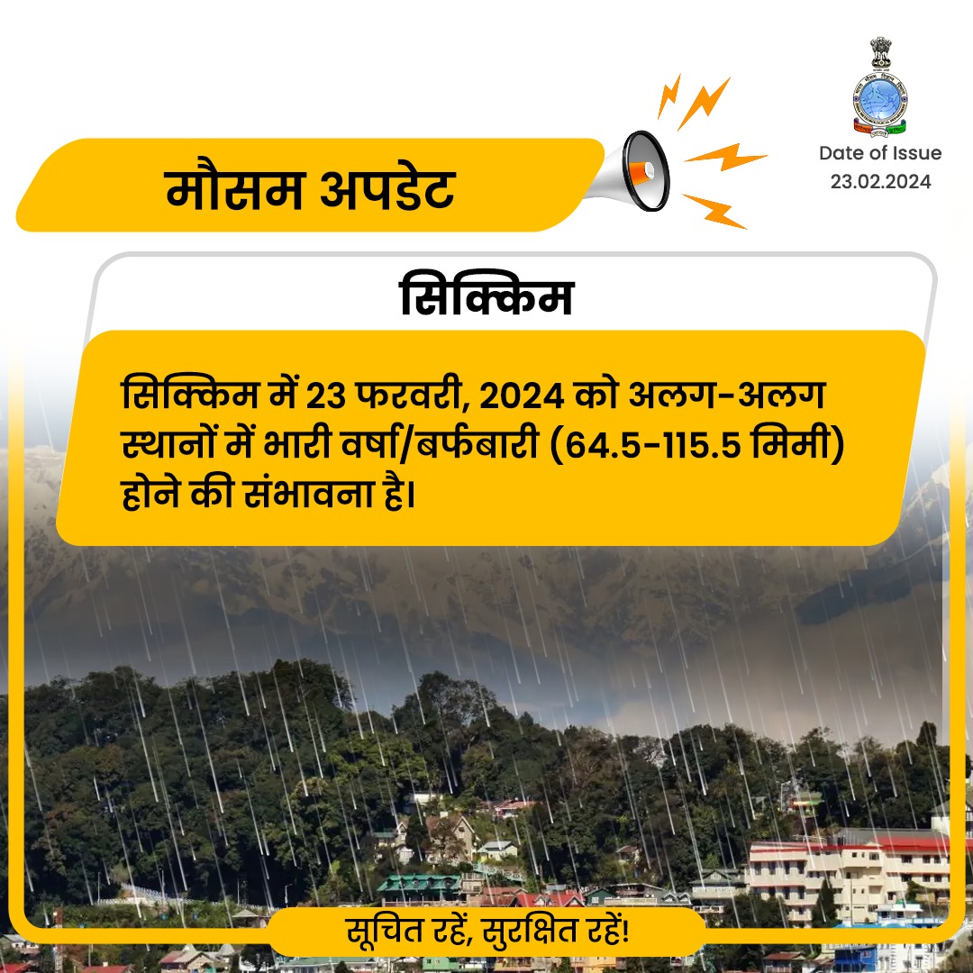 Indiametdept's tweet photo. सिक्किम में 23 फरवरी, 2024 को अलग-अलग स्थानों में भारी वर्षा/बर्फबारी (64.5-115.5 मिमी) होने की संभावना है।
#Sikkimweather #Weatherupdate #HeavyRain
@moesgoi @DDNewslive @ndmaindia @airnewsalerts https://t.co/7Ss3Q7Mdo0