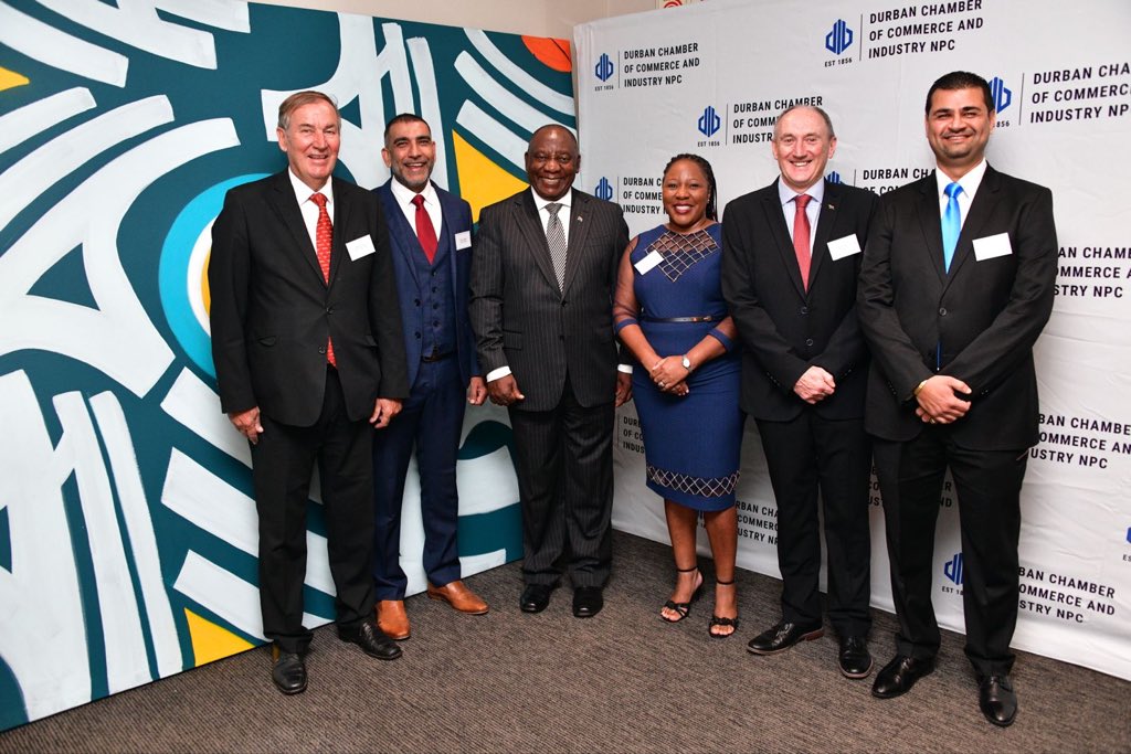 PresidencyZA's tweet photo. [PICS]: President @CyrilRamaphosa arriving at FNB Acacia House in Umhlanga, KwaZulu-Natal - the President is received by Pr Mr Asheen Magjee, KwaZulu Natal Provincial Head, Commercial Banking, Durban Chamber of Commerce and Industry: NPC President, Mr Prasheen Maharaj for a breakfast engagement with the Durban Chamber of Commerce & Industry NPC together with KZN Growth Coalition on issues affecting the business community in the province.

#LeaveNoOneBehind 🇿🇦