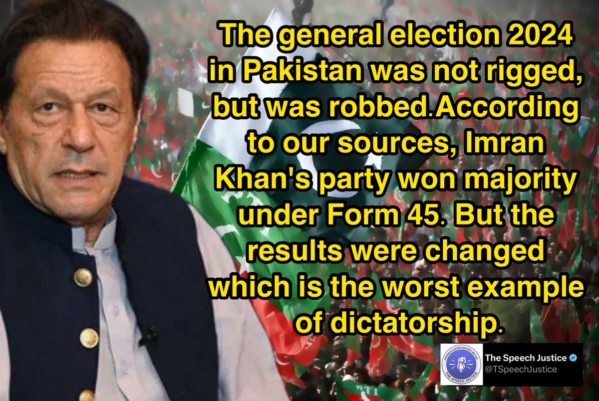 The general election in #𝗣𝗮𝗸𝗶𝘀𝘁𝗮𝗻 was not rigged, but was robbed. According to our sources, Imran Khan's party won majority under Form 45. But the results were changed which is the worst example of dictatorship. 🖌️𝗧𝗦𝗝 𝗦𝗼𝘂𝗿𝗰𝗲