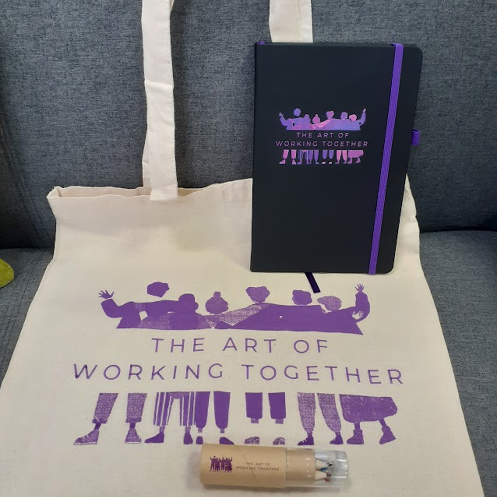 The "merch" has begun to arrive for our Art of Working Together event next month.

We're really looking forward to spending time with people we support and that we have supported to learn from them about how we can develop our service.