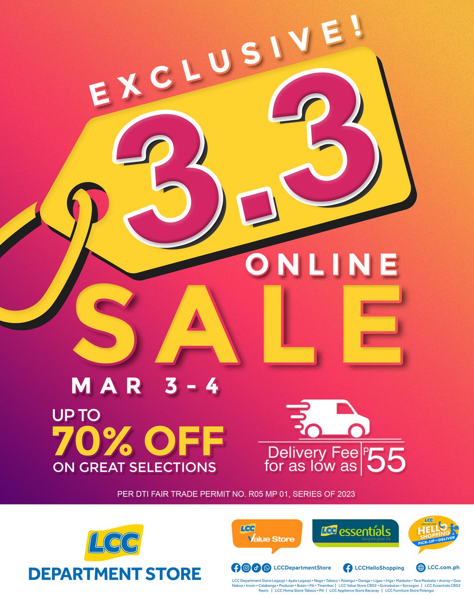 LCCdeptstore's tweet photo. Mga ka-LCC! It's SUMM3RTIME ⛱️☀️

Splash into Summer and get your carts ready for a triple fun summer at this LCC Department Store: 3.3 Exclusive Online Sale on March 3-4, 2024 with up to 70% off on great selections!

So don’t miss out! 🛒💙

#LCCDepartmentStore #LCCHelloShopping https://t.co/BEYGREdxJI