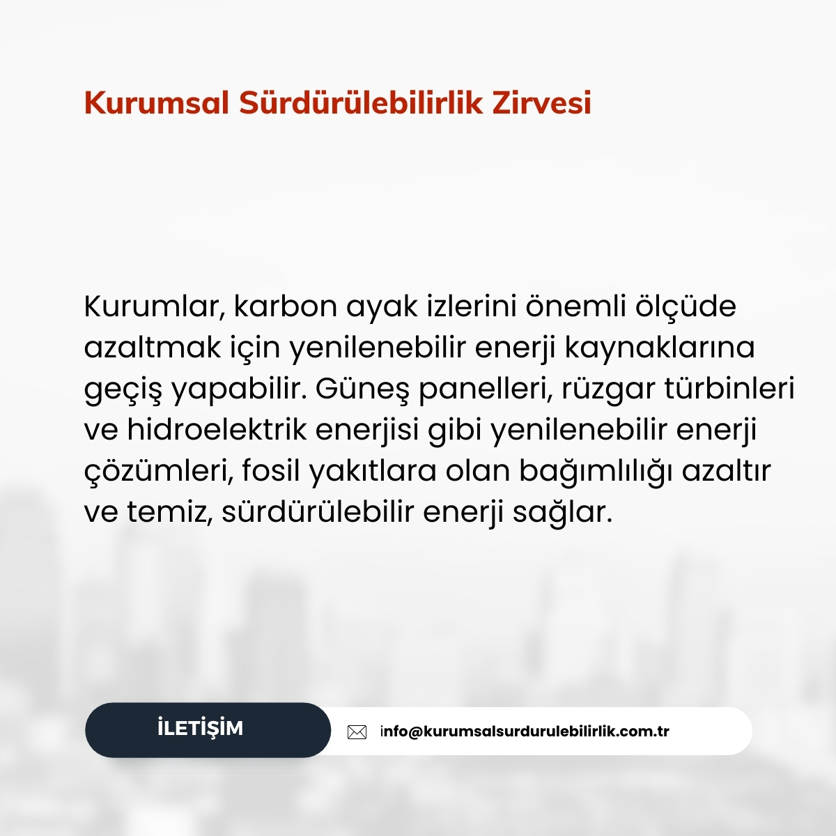 Kurumlar, karbon ayak izlerini azaltmak için proaktif adımlar atarak, sürdürülebilir bir geleceğe doğru önemli bir katkıda bulunabilirler. 

#sürdürülebilirlik #kurumsalsürdürülebilirlik #kurumsalsürdürülebilirlikzirvesi