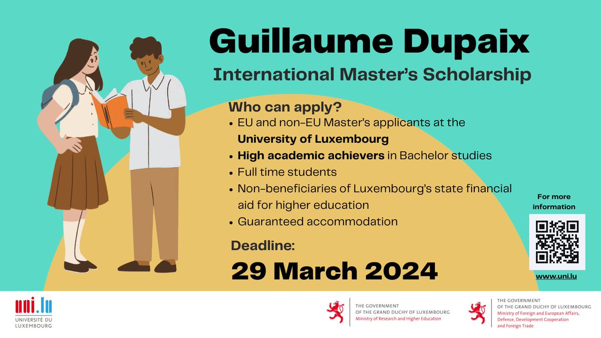 📢Exciting News! 📢

Applications for the #GuillaumeDupaixMaster's Scholarship at the @uni_lu are now OPEN! 🌍🇱🇺

Take the first step towards an enriching academic journey.🎓

➡️More information: gd.lu/cXW8fC