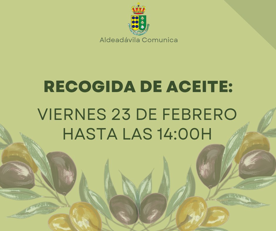 📢 BANDO OFICIAL:

Se comunica que se puede pasar a recoger el aceite:

📆Hoy, viernes 23 de febrero
🕖Hasta las 14:00h