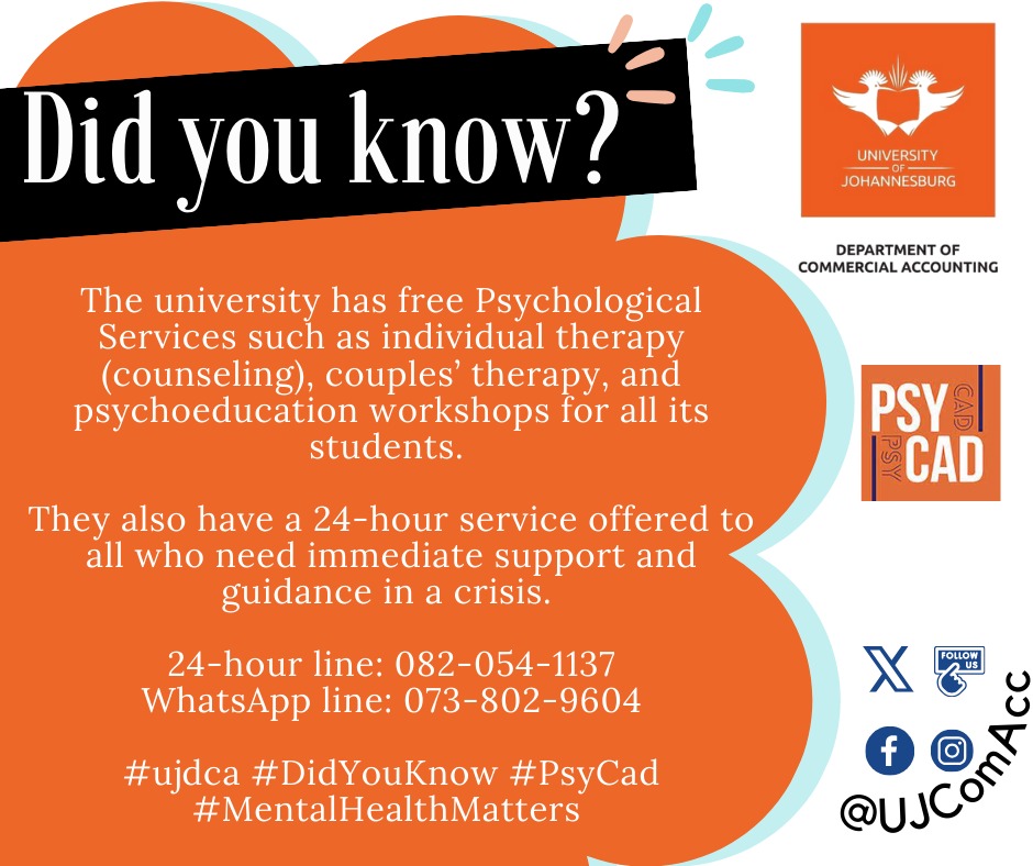 UJ cares about your mental well-being! 
Did you know we offer free counseling services and a 24-hour support line? Reach out because your mental health matters : tinyurl.com/s6ufmu39 

#ujdca #ujcomacc #ujcommercialaccounting #MentalHealthSupport #SOA  #UJAllTheWay #DCA
