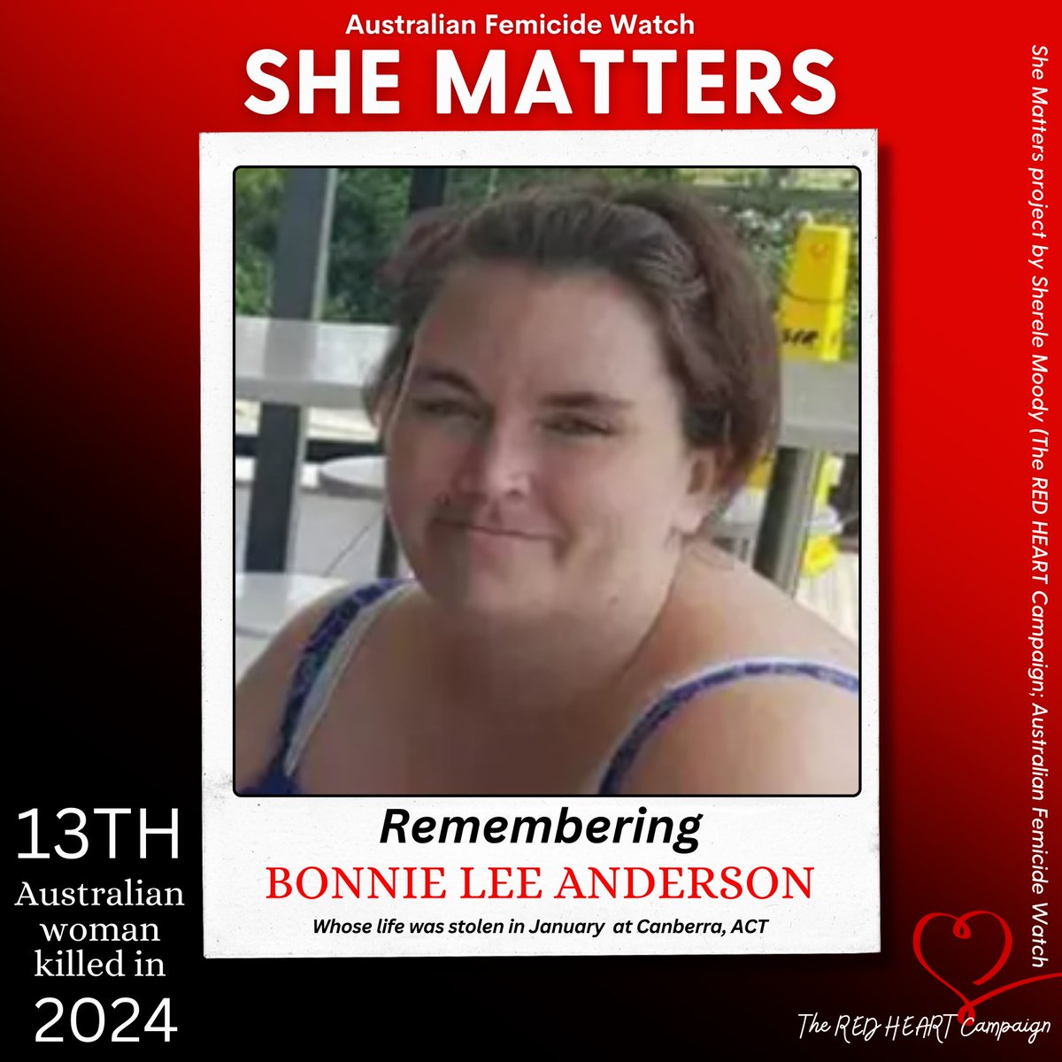 ❤️SHE MATTERS: BONNIE LEE ANDERSON!❤️

This is 39-year-old Bonnie Lee Anderson. 
Bonnie died in January from injuries she sustained in one of the most horrendous acts of violence I've written about in my eight or so years documenting almost 3000 femicides. 
Bonnie is the 13th