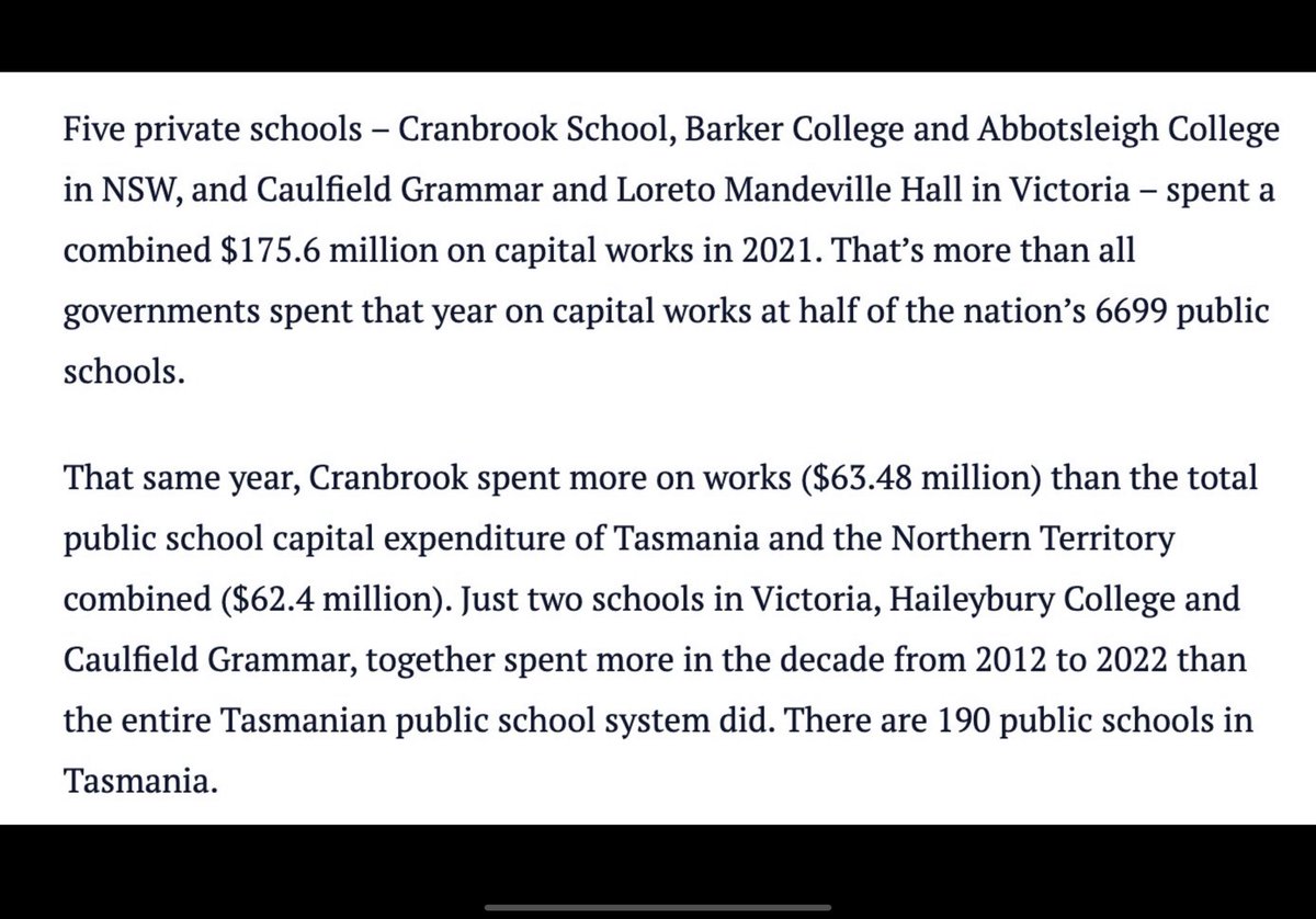 Imagine if all the schools in the NT were air conditioned…dream on… But the public’s funded & privately controlled Cranbrook spent more on capital works than all of the schools in Tasmania & the NT combined… Inequality doesn’t just happen, it takes a lot of effort #auspol