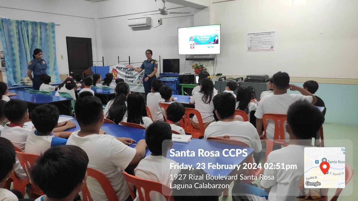 Starosa_Police's tweet photo. On February 23, 2024 at about 2:50 PM PCpl Jolly Jeanne Mabaga of Santa Rosa CCPS under the supervision of PLTCOL DWIGHT F FONTE JR, ACOP, conducted Oplan BES Lecture to the grade 5 students of Santa Rosa Central 1 Elementary School, City of Santa Rosa, Laguna. https://t.co/UDGmmNuKRQ