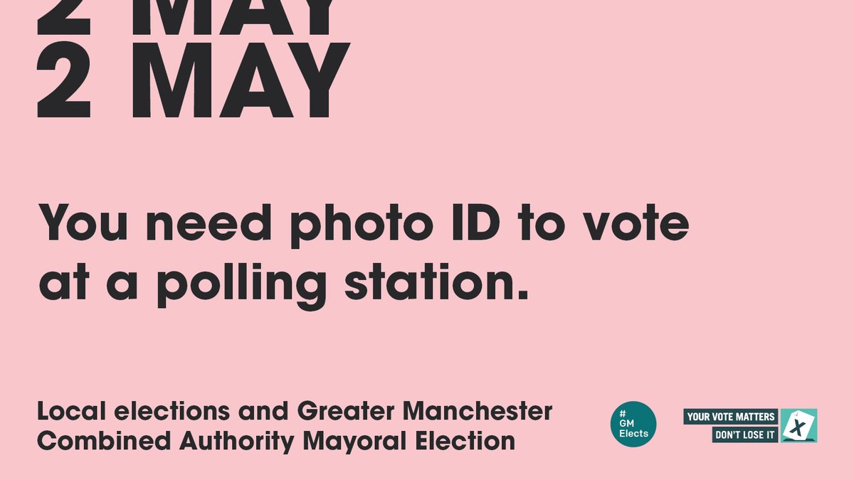 You need photo ID to vote at a polling station in the local and GMCA Mayoral elections on 2 May. 

Find out what ID is accepted and apply for free voter ID if you need to: orlo.uk/voter_ID_ScXCc 

#LocalElection #GMElects