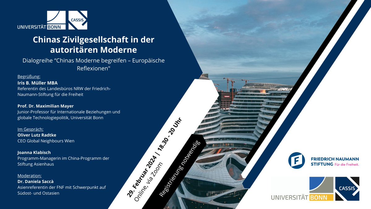 📅 29.02. | 18:30: Wir freuen uns auf die Diskussion zur Situation der Zivilgesellschaft in China mit <a href="/olr_olr/">Oliver Lutz Radtke 纪韶融</a> und Johanna Klabisch @asienhaus. 
Begrüßung &amp; Moderation: Dr. Daniela Sacca, @mayer_iras &amp; Iris B. Müller <a href="/FNFreiheit/">Friedrich-Naumann-Stiftung für die Freiheit</a>

📍Online, via Zoom
  👉 buff.ly/3OeC6zX
