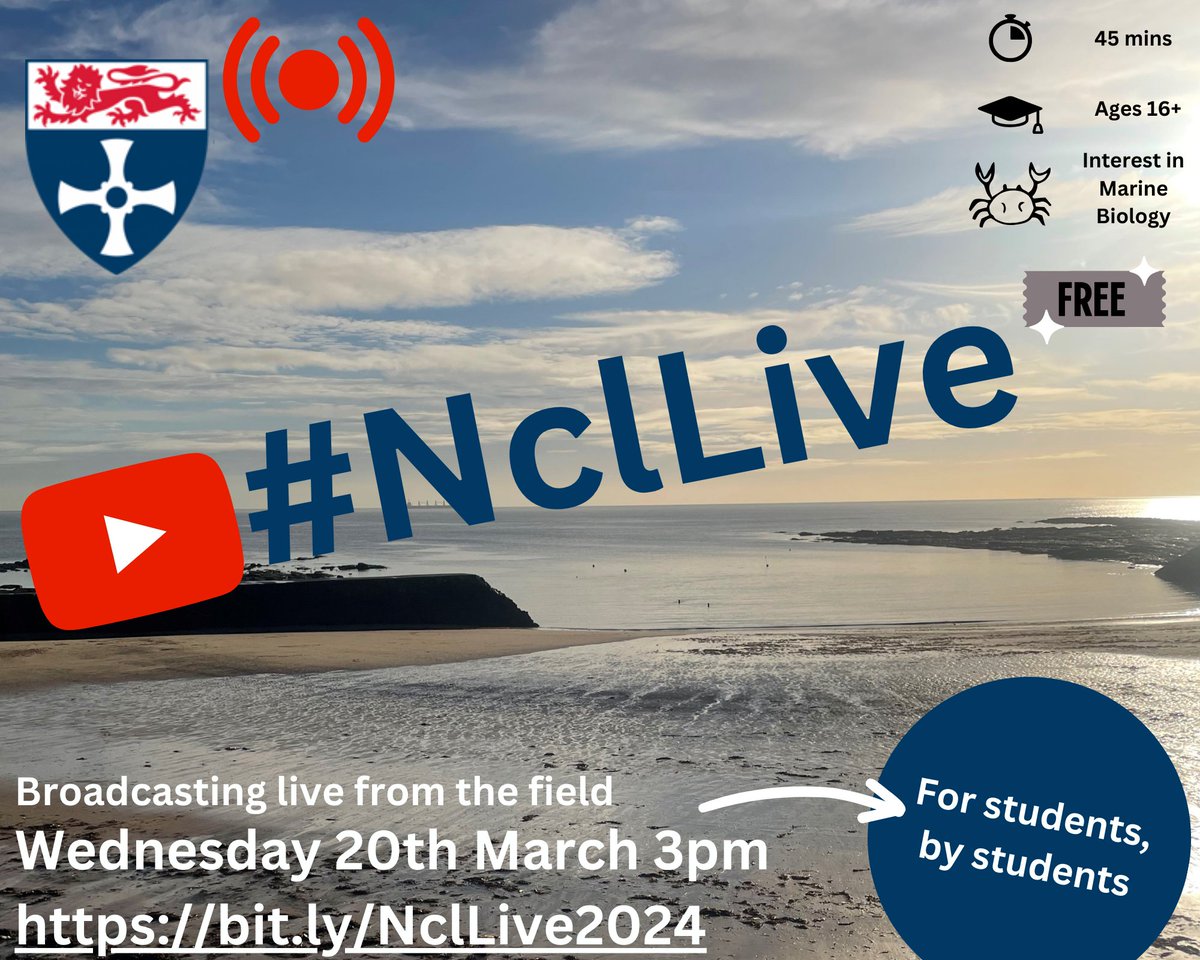 Registrations open for #NclLive a live fieldwork broadcast from Newcastle University. Find out about marine biology field research in the North-East in this interactive broadcast. For more info and bookings bit.ly/NclLive2024 #marinebiology #geographyteacher #fieldwork