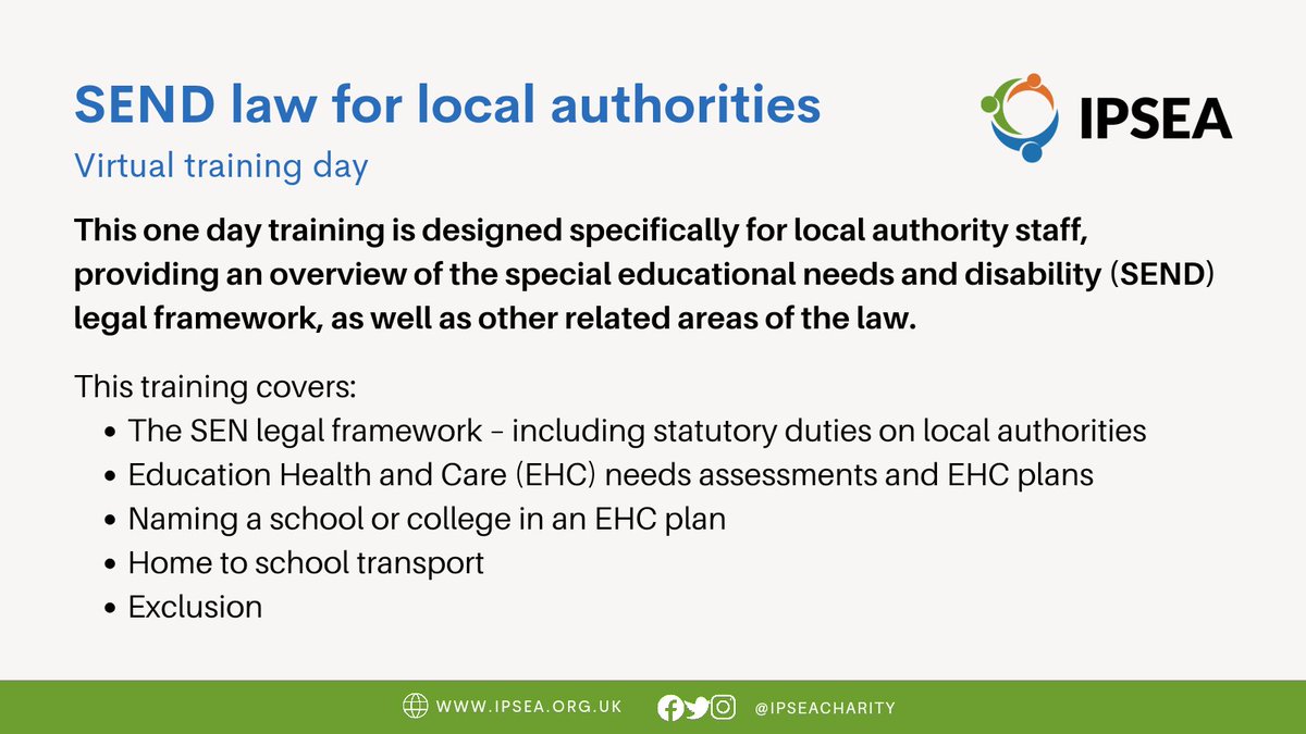Do you work in a local authority SEND team? Book now for our SEND law training day for local authorities on 14 May (virtually, via Zoom). Register here: ipsea.org.uk/Event/send-law…