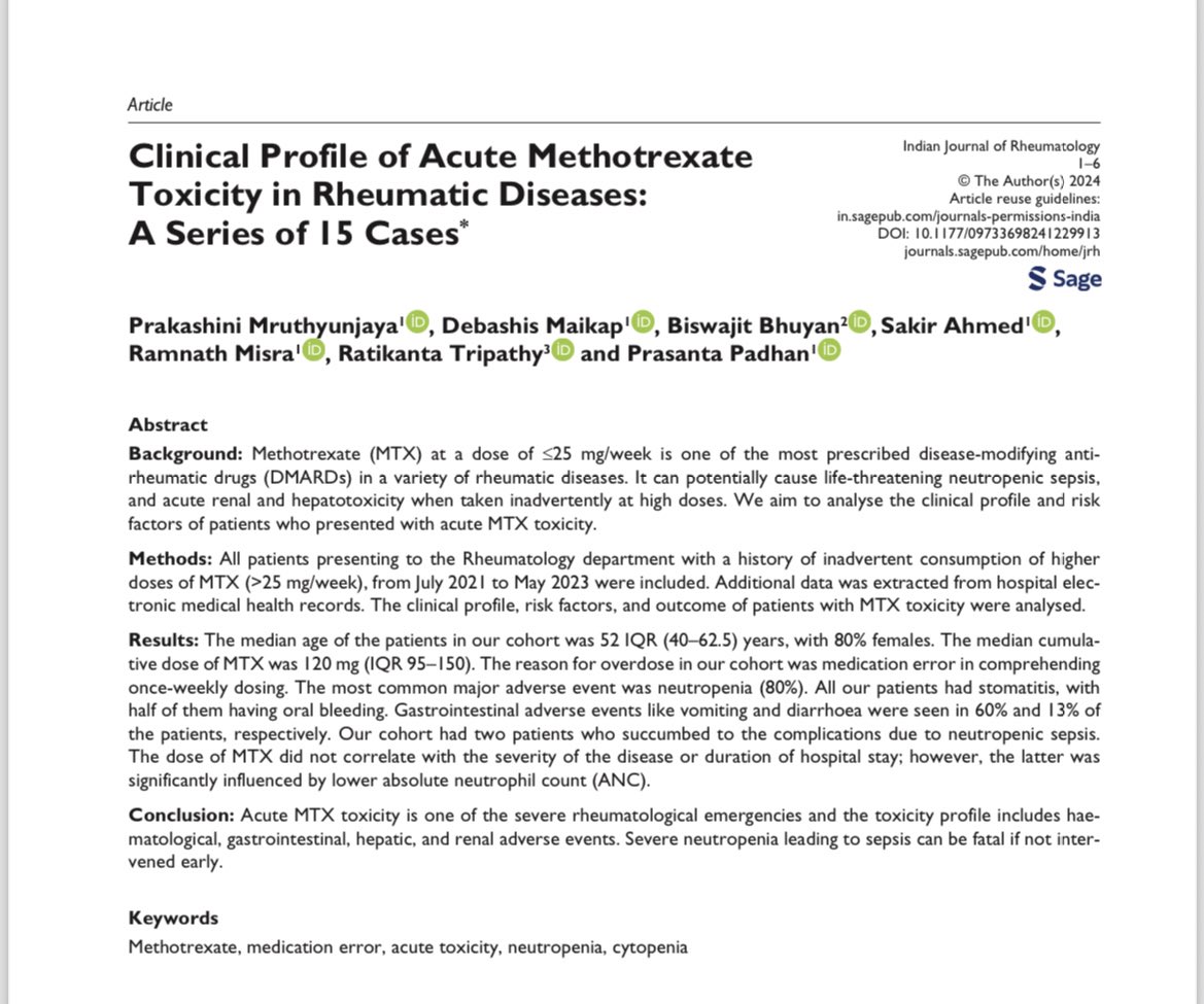 Prakashini (@prakashini_) on Twitter photo MTX toxicity from accidental overdose is quite common in the Indian scenario!
80% had neutropenia, 100% had stomatitis & concomitant AKI/CKD predisposed to toxicity
Counsel, counsel, counsel! It is avoidable
journals.sagepub.com/doi/full/10.11…
#RheumTwitter <a href="/IJRheum/">Indian Journal Of Rheumatology</a> MTX toxicity from accidental overdose is quite common in the Indian scenario!
80% had neutropenia, 100% had stomatitis & concomitant AKI/CKD predisposed to toxicity
Counsel, counsel, counsel! It is avoidable
journals.sagepub.com/doi/full/10.11…
#RheumTwitter <a href="/IJRheum/">Indian Journal Of Rheumatology</a>