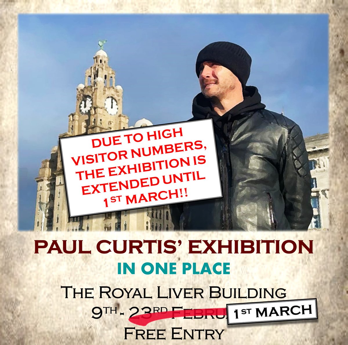 A reminder that #InOnePlace exhibition has been extended to Fri 1st March The opening hours over the next few days: Fri 10am - 5pm Sat 11am - 5pm (Strand entrance) Sun CLOSED Mon to Fri (next week) 10am - 5pm #exhibition #PaulCurtis #Liverpool #art #streetart @RoyalLiver1911