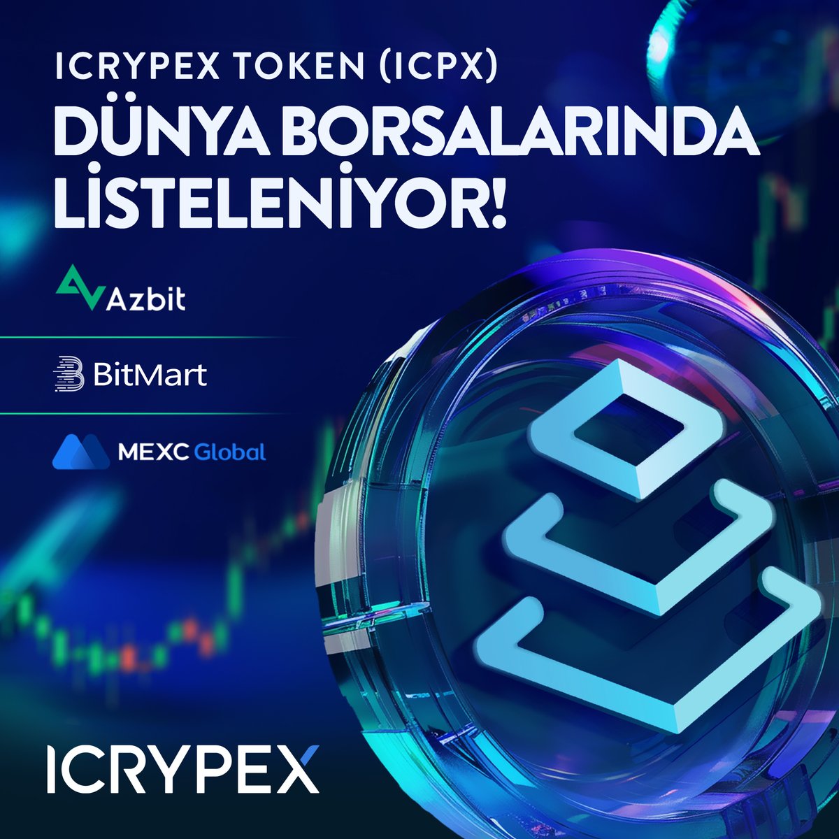 ICRYPEX Token ( #ICPX ) aynı anda 3 global borsada! 🤩💙  

ICRYPEX Token alım-satım işlemleri bugün 17.00'de MEXC Global ( <a href="/MEXC_Official/">MEXC</a> ), Azbit (<a href="/azbit_news/">azbit.news</a> ) ve BitMart (<a href="/BitMartExchange/">BitMart</a> )'ta başlıyor! 🎉

#ICRYPEX #ICRYPEXToken #ICPXUSDT