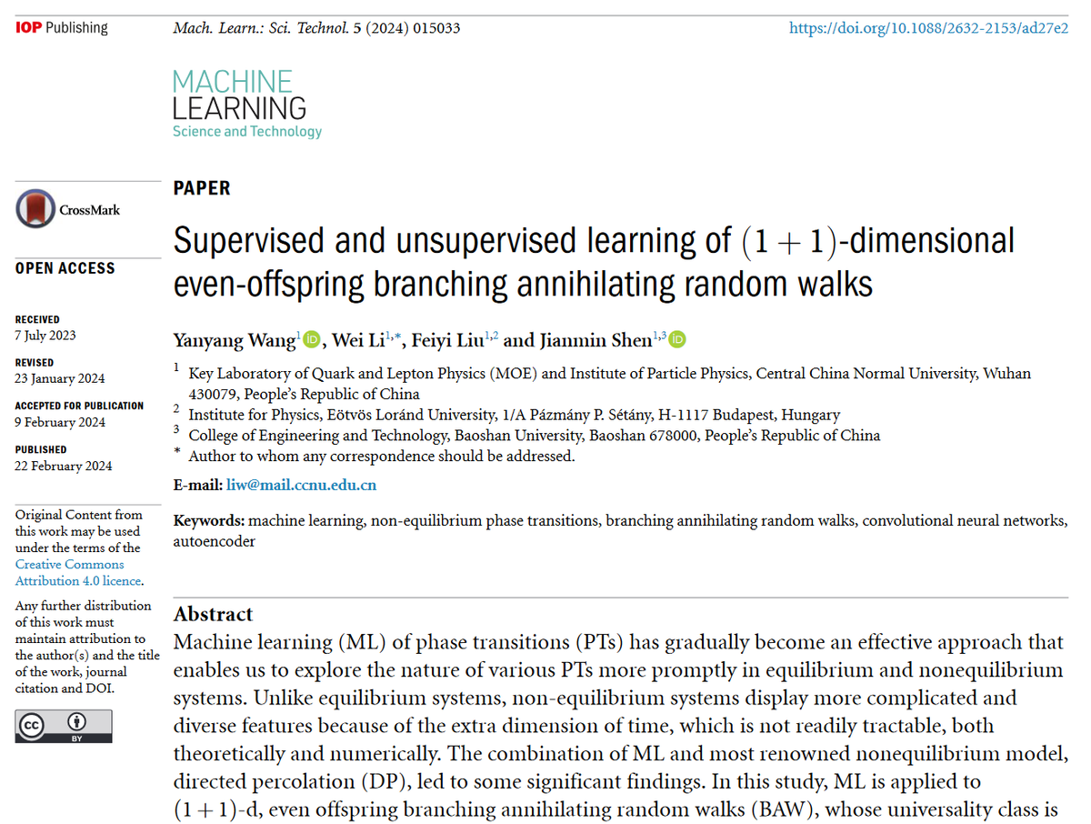 MLSTjournal's tweet photo. Great new work by Yanyang Wang, Wei Li, Feiyi Liu and Jianmin Shen at Central China Normal University and @ELTE_UNI - 'Supervised and unsupervised learning of (1+1)-dimensional...... #randomwalks' - https://t.co/FwMjX1GBjF #machinelearning #statphys #comphys #AI #neuralnetworks https://t.co/qzONTBGoUi