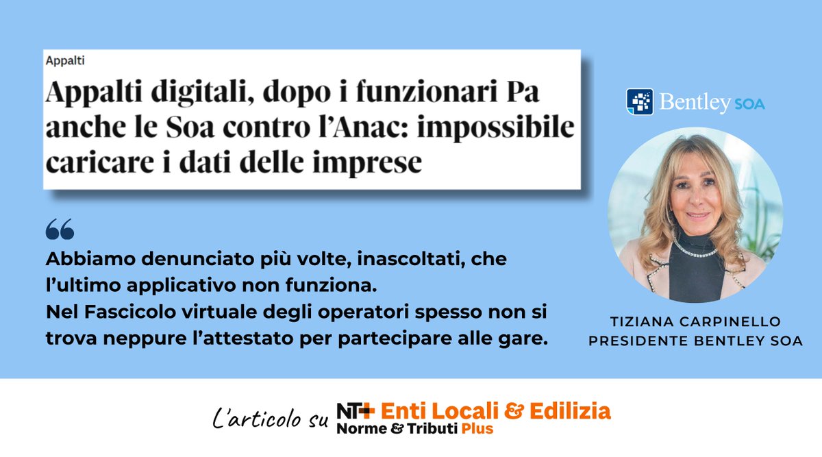 Le SOA denunciano i malfunzionamenti del sistema di #digitalizzazione degli appalti pubblici, che rende intollerabilmente gravosa un'attività che avrebbe dovuto essere al contrario molto semplificata.

Articolo completo ▶️ …lusentilocaliedilizia.ilsole24ore.com/art/appalti-di…