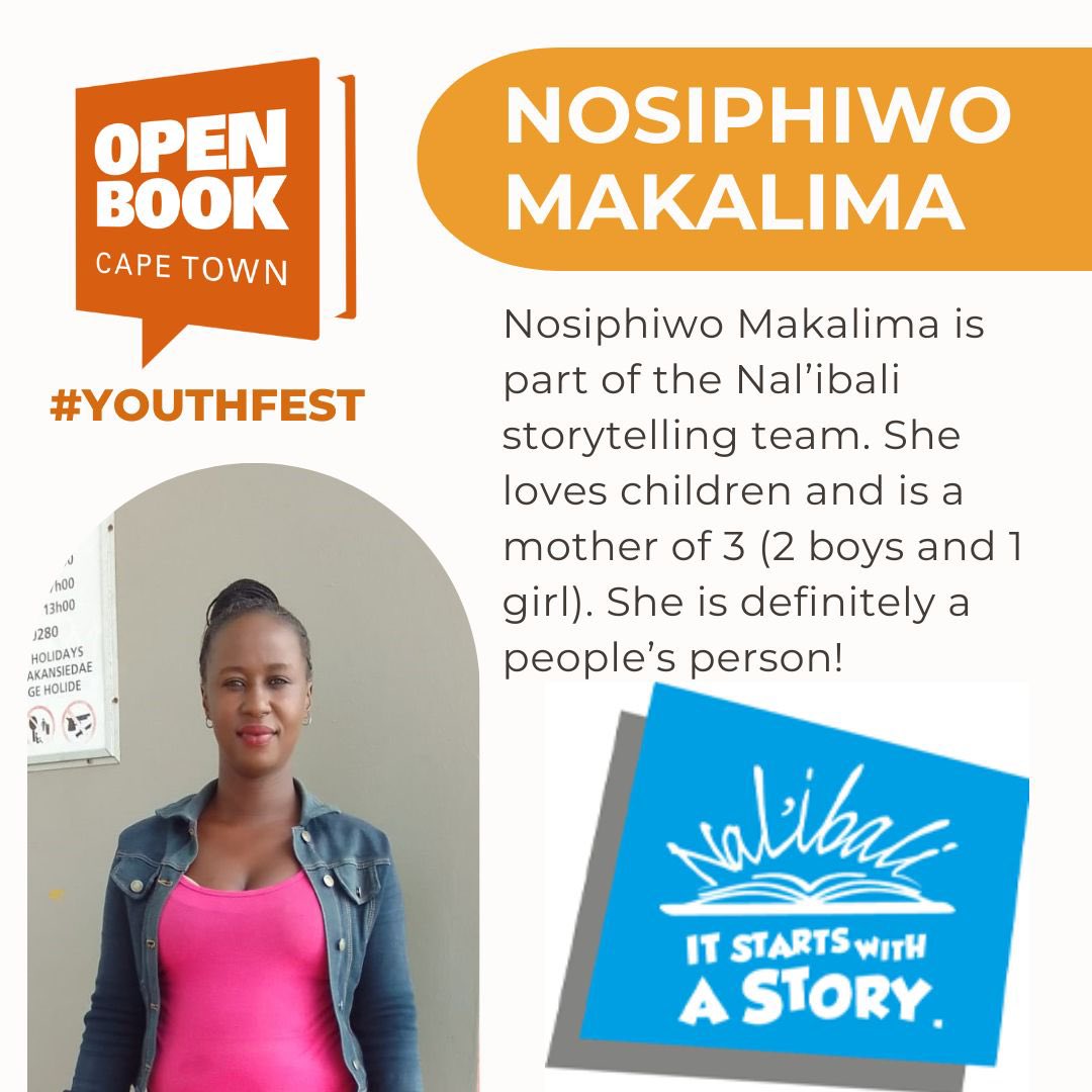 Nal'ibali Storytime!

Join Nosiphiwo Makalima of the Nal'ibali team for stories and activities in English and isiXhosa. Some lucky readers will walk away with a book of their own! Grade R - 2 welcome.

Book tickets openbooktickets@gmail.com
#openbookfestival #OBF #youthfest