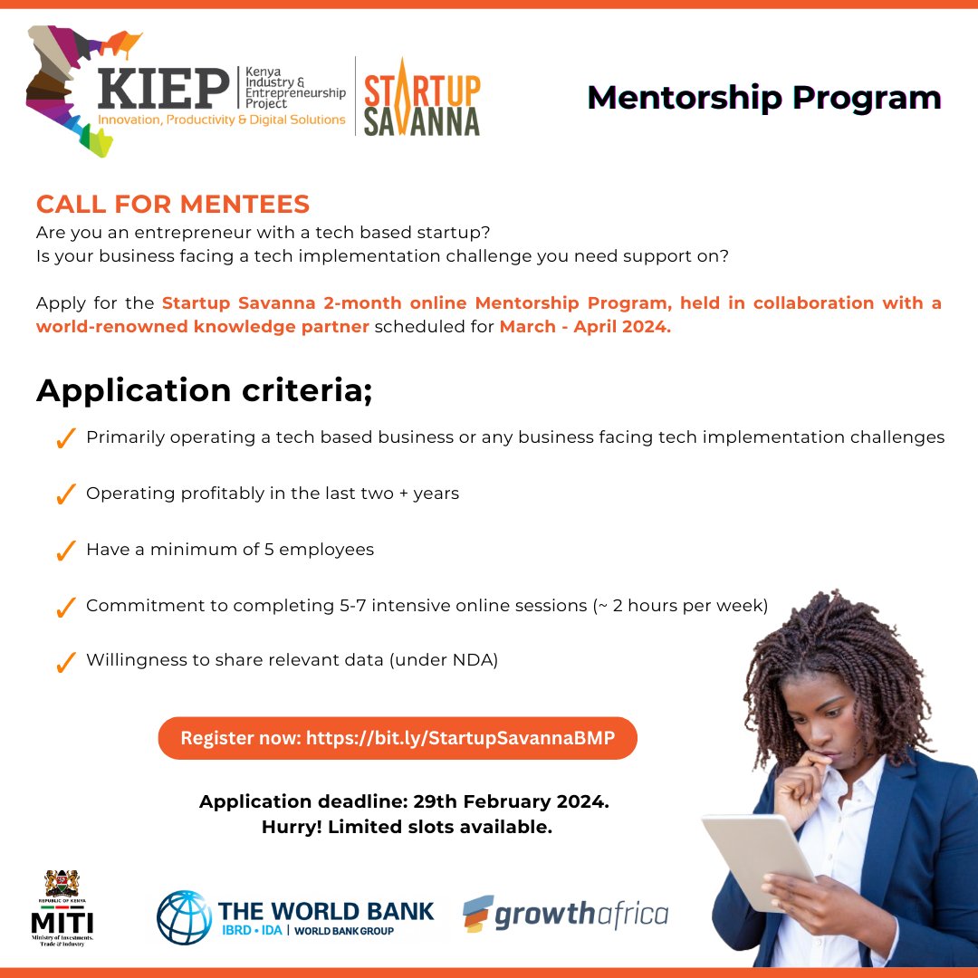 OPEN CALL FOR BUSINESS MENTORSHIP PROGRAM
Thriving tech entrepreneur with a profitable venture? Join our 2-month Business Mentorship Program with coaching on tech challenges. Tailored sessions &amp; expert support.
Apply by Feb 29: bit.ly/StartupSavanna…

#StartupSavanna #Mentorship