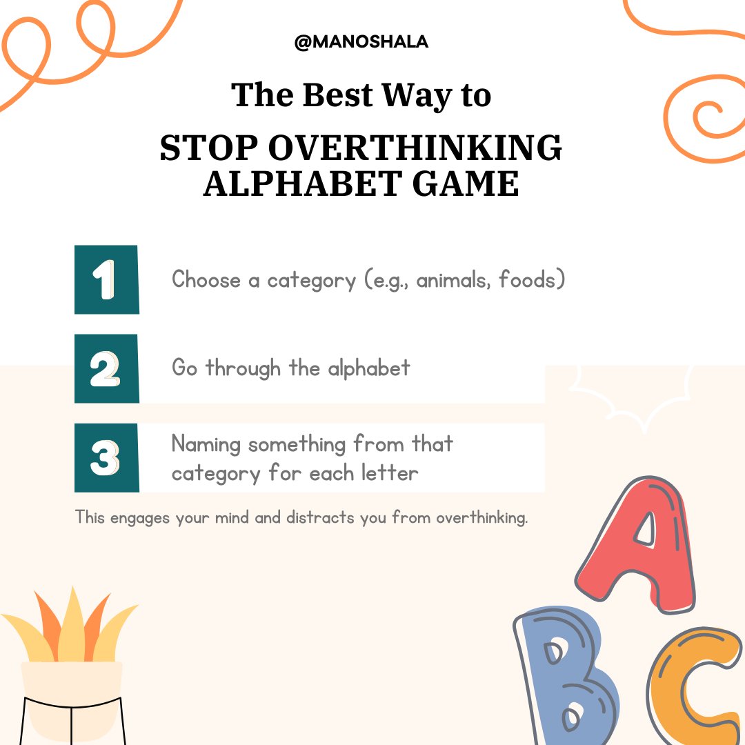 ManoShala's tweet photo. Escape overthinking: Alphabet game. Trust, breathe, engage, gratitude, patience, fun.

#Manoshala #MentalHealth #Anxiety #Depression #StopOverthinking #AlphabetGame https://t.co/h9LP0gh1xL
