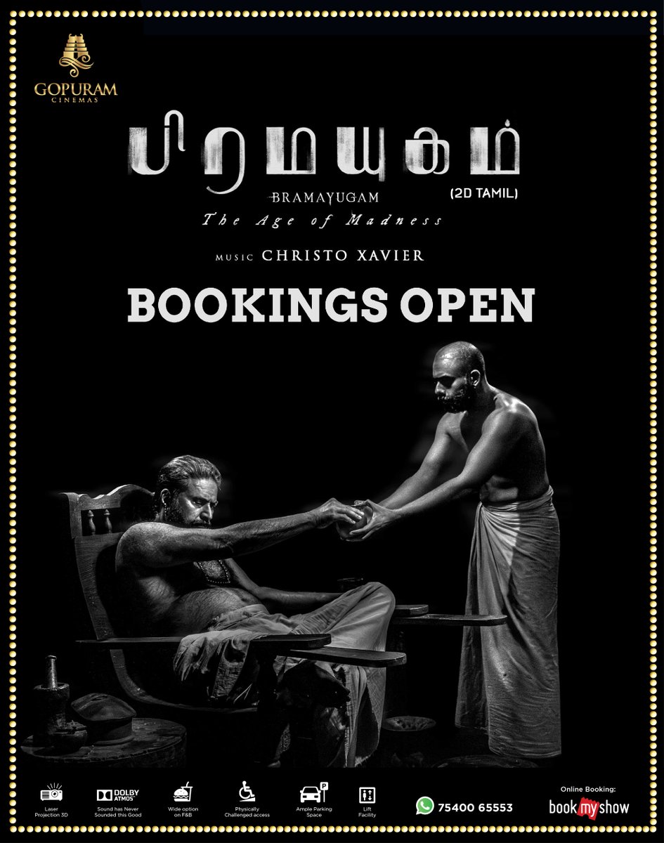 Unga Request ah naanga kekkama iruppoma..😎 Bookings Open for #Bramayugam at Our @Gopuram_Cinemas Main Screen😇 Book Now: rb.gy/s2cnz5 Experience it with Laser Projection and Dolby ATMOS😎 @mammukka @IamArjunAshokan #GopuramCinemas #Mammooty #ArjunAshokan