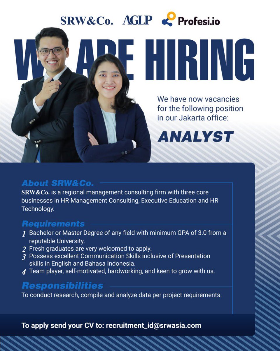 SRW&amp;Co.  is looking for energetic and talented people to join our team.

Please visit srwasia.com/job-vacancy or email to recruitment_id@srwasia.com to apply.

#srwco #hranalyst #recruitment #careers #nowhiring #vacancy