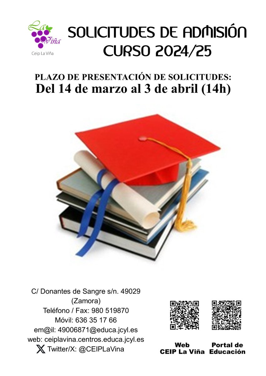 Periodo de #Admisión: .
🏫Jornadas de puertas abiertas el 4 y el 8 de marzo a las 16:15h.
📄Presentación de solicitudes el 14 de marzo al 3 de abril para solicitar plaza en centros <a href="/educacyl/">Educación JCyL</a>.
Más información en nuestra web: ceiplavina.centros.educa.jcyl.es/sitio/index.cg…