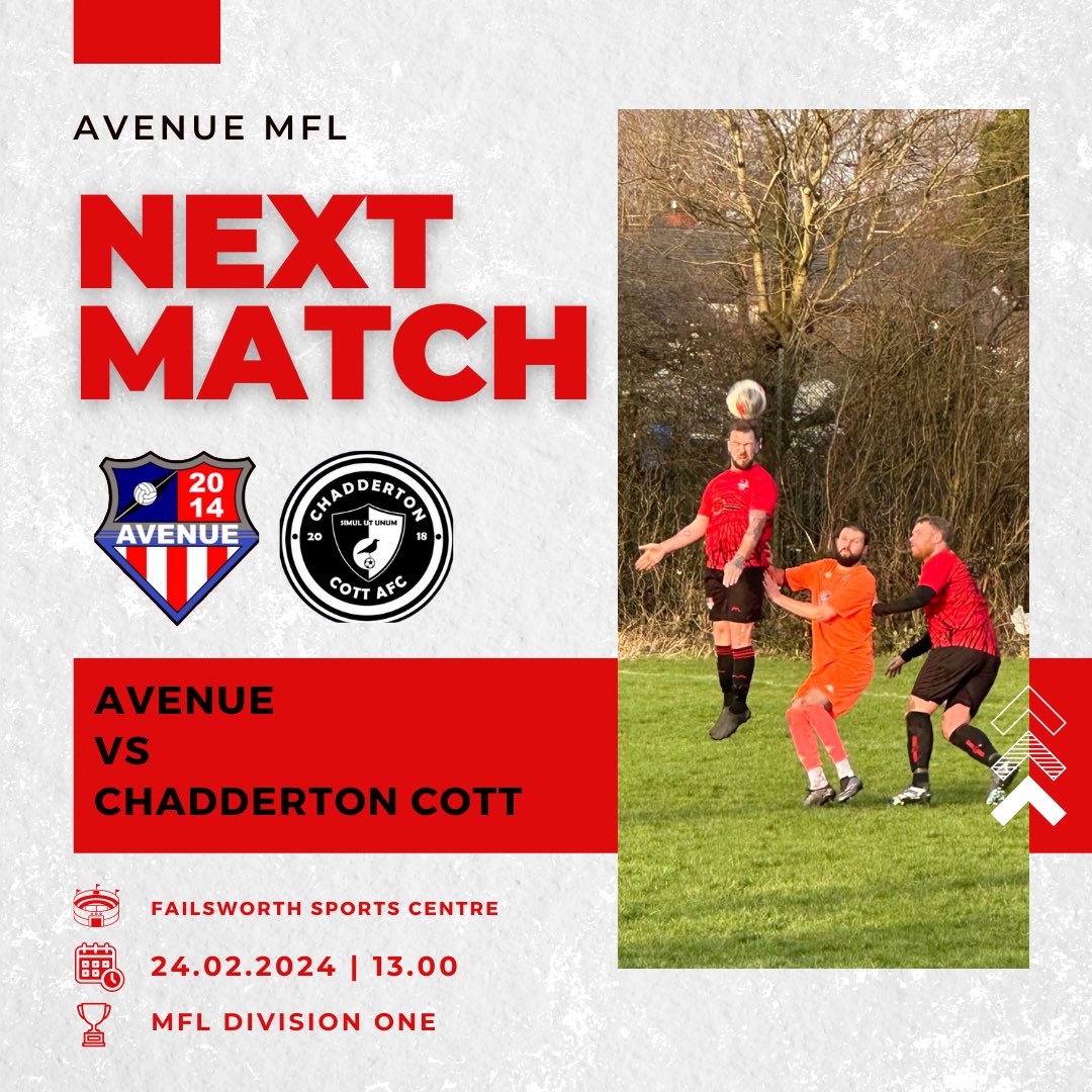 Avenue head over to Chadderton Cott this Saturday for an early kick off. Both teams go into the game having won last weekend. 🔴⚫️🔵