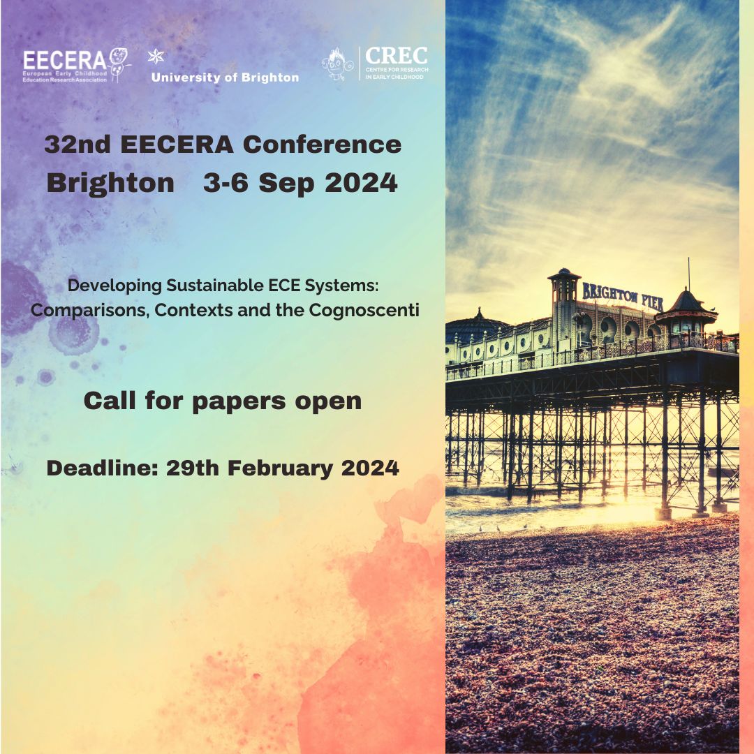 CLOSING DATE 29/02/2024 EECERA2024 PAPER SUBMISSIONS: Developing Sustainable Early Childhood Education Systems: Comparisons, Contexts and the Cognoscenti. For more details about each proposal type and how to submit, please refer to this information: buff.ly/47gDaKZ